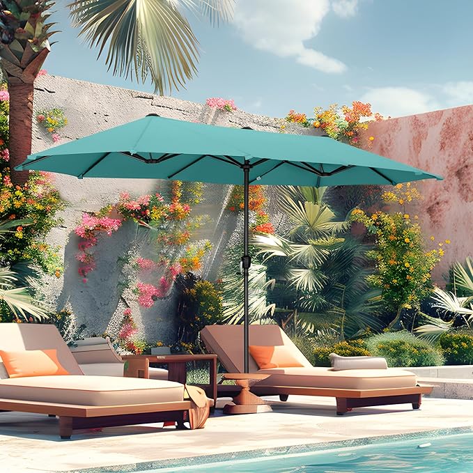 MFSTUDIO 13ft Outdoor Patio Umbrella, Double Sided Large Rectangular Umbrella Market Table Twin Triple Rectangle Umbrellas with Crank Handle for Outside Picnic Backyard Deck Pool (no base)