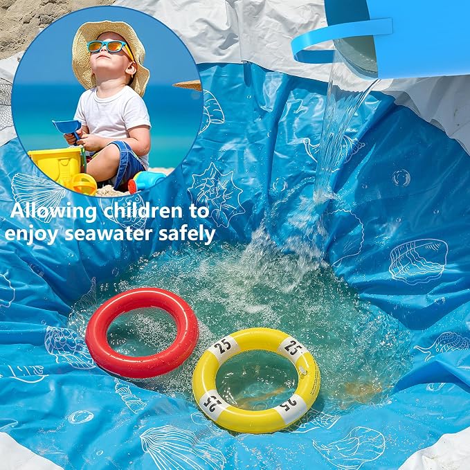 6.5 x 6.5 Feet Baby Beach Pool-Waterproof Kid Pool and Beach Blanket-2 in 1 PVC Toddler Paddling Pool for Infant Kids Boys and Girls
