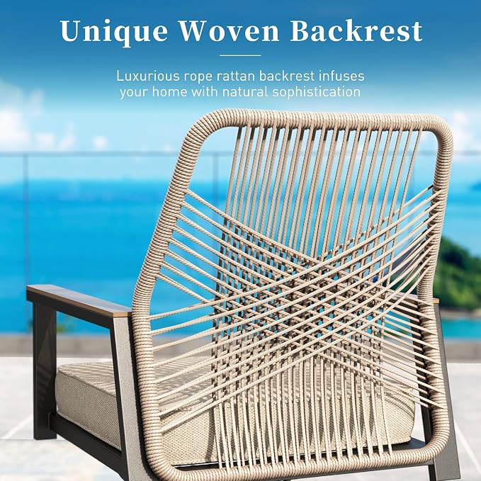 Patio Dining Set 5 Piece, 4 x Woven Rattan Swivel Chairs with Waterproof Cushion, 42” Metal Round Dining Table with Umbrella Hole, Outdoor Table and Chairs Set for Backyard Lawn and Deck, Beige