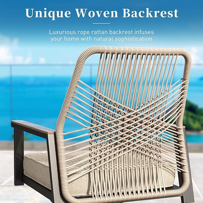 SUNSHINE VALLEY 7 Pieces Patio Dining Set, 6 x Woven Rattan Chairs with Waterproof Cushion, 54” Metal Round Dining Table with Umbrella Hole, Outdoor Table and Chairs Set for Backyard Lawn and Deck