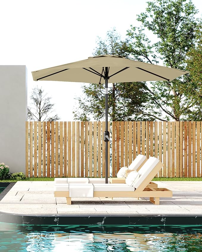 GarveeLife 7.5 ft Outdoor Patio Umbrella, Outdoor Table Umbrella, Market Umbrella With Push Button Tilt and Crank, 6 Sturdy Ribs UV Protection Waterproof for Garden, Deck, Backyard, Pool, Beige