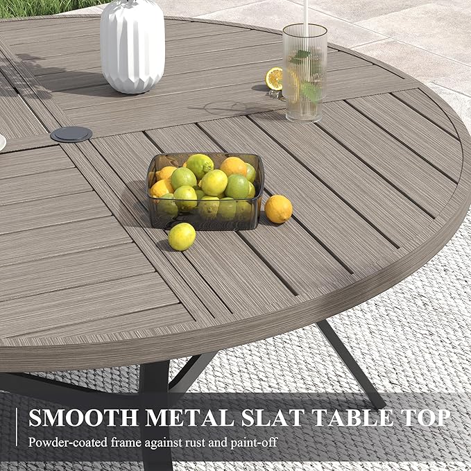 VICLLAX Patio Dining Set for 6, 6 Seats Outdoor Furniture Includes 53.1" Round Patio Table and Swivel Padded Chairs, Grey Wood Grain Tabletop and Grey Fabric