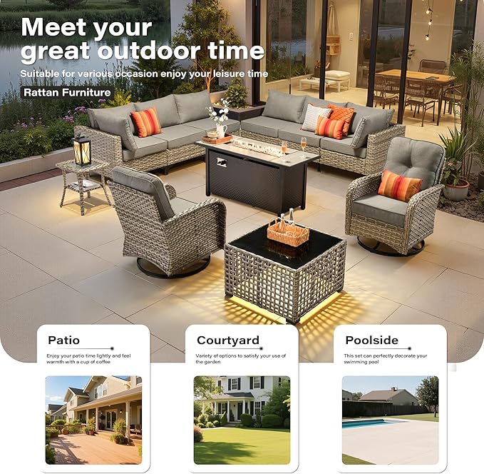 11 Pieces Outdoor Sectional Patio Furniture Set with 54" Fire Pit,Wicker Conversation Sets Rattan L Shaped Couch Swivel Rocking Chairs,Modular Outdoor Sofa for Porch Balcony Backyard Dark Grey