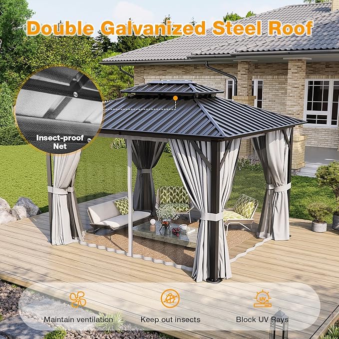 10x12FT Hardtop Gazebo, Metal Frame with Double Galvanized Steel Roof, Permanent Outdoor Pergola with Curtains and Netting Included for Backyard, Patio, Lawn and Garden, Gray