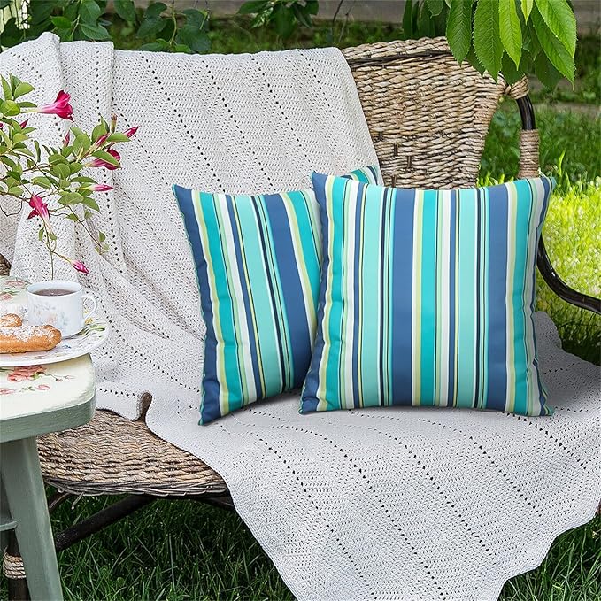 Adabana Blue Outdoor Waterproof Throw Pillow Covers 18x18, Decorative Colorful Striped Pillows Cover Set of 2 for Patio Garden Porch