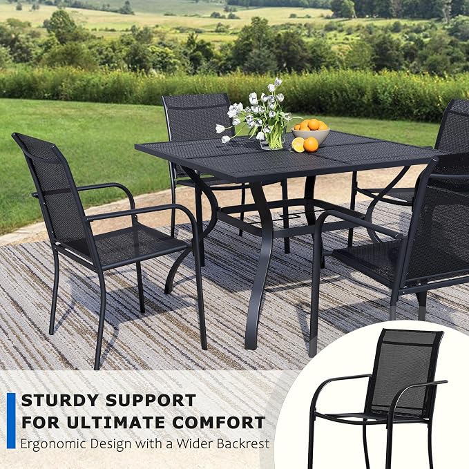 5-Piece Outdoor Dining Set, Square Metal Table with Black Chairs, Black Patio Table with Umbrella Hole for Garden, Yard, Patio