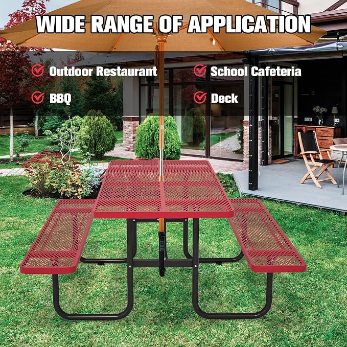 Picnic Tables for Outdoors with Umbrella Hole-Coated Steel Heavy Duty Commercial Grade Table with Seats,Commercial Metal Picnic Tables,Heavy Rectangular Furniture Set for a Lifetime (red)