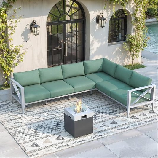 Aluminum Outdoor Patio Furniture Set with Fire Pit, 7-Piece Outdoor Sectional with 5.2" Thick Cushions,Patio Conversation Sets for Backyard,(White,6 Seats)