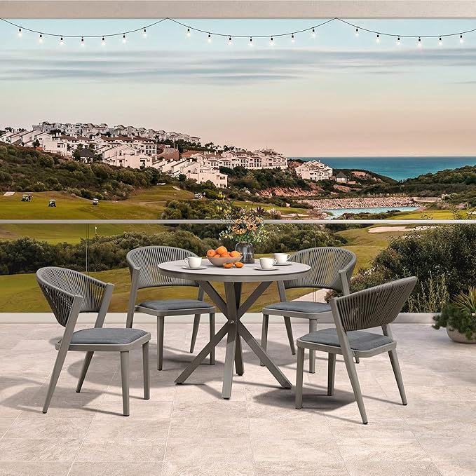 PURPLE LEAF 5 Pieces Round Dining Set Aluminum Frame and Wicker Rattan Patio Table and Chairs with Cushions for Garden Deck Outdoor Grey