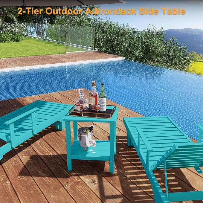 Outdoor Side Table, Small Square Patio Side Table with Adjustable Feet, All-Weather HDPE Adirondack End Tables for Porch Deck Balcony Pool, 2-Tier Storage, Easy Maintenance, Aruba Blue
