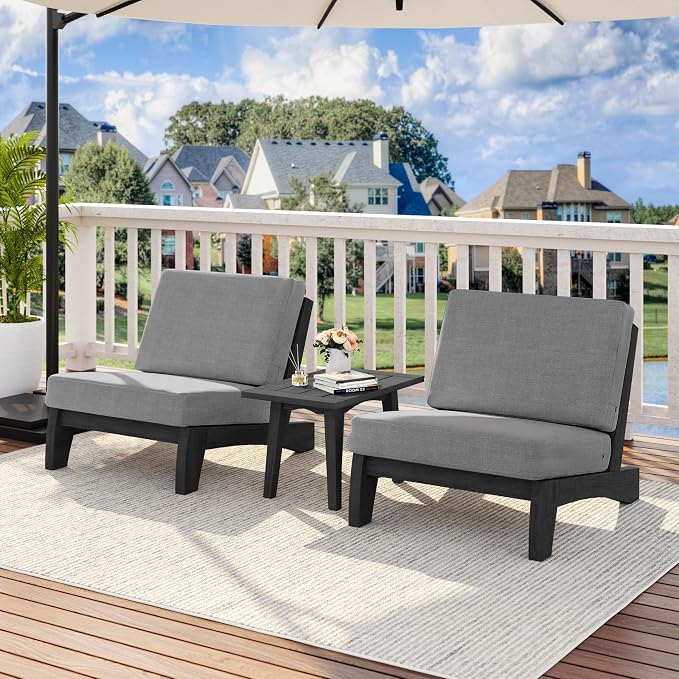 3 Piece Wood Patio Chair Outdoor Bistro Set, All Weather Outdoor Furniture Patio Sofa Chair Backyard Seating Group Conversation Sets with Wooden Side Table, Gray