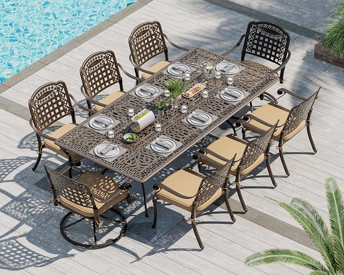 TITIMO 9-Piece Cast Aluminum Patio Furniture Set, Outdoor Dining Set Bistro Conversation Set, Rectangular Dining Table Set w/Cushions Umbrella Hole (Khaki-Fixed Grid Chair+Swivel Grid Chair, 9 Pcs)
