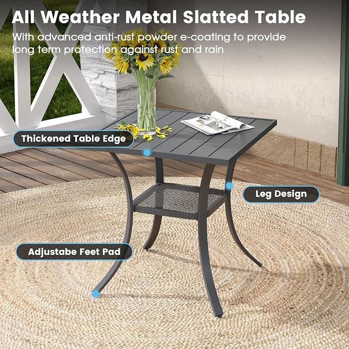 DIFY 3 Pieces Outdoor Patio Dining Set for 2, 27.6" Small Square Metal Dining Table and 2 Patio Stackable Chairs with Metal Frame, Outdoor Table and Chairs for Garden Porch, Grey