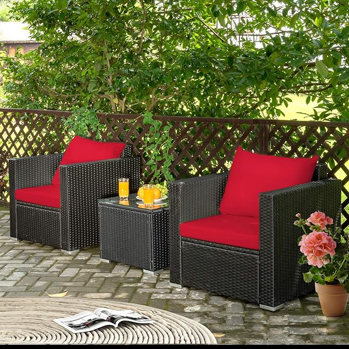 Tangkula 3 Pieces Patio Furniture Set, PE Rattan Wicker Sofa Set w/Washable Cushion and Tempered Glass Tabletop, Outdoor Conversation Furniture for Garden Poolside (Red)