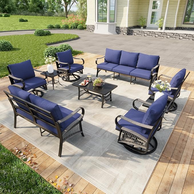 9 Pieces Patio Furniture Set, Metal Outdoor Conversation Sets with Swivel Chairs, Modern Couch Sofa Seating Group with Coffee Table and Side Table (Thick Blue Cushions)