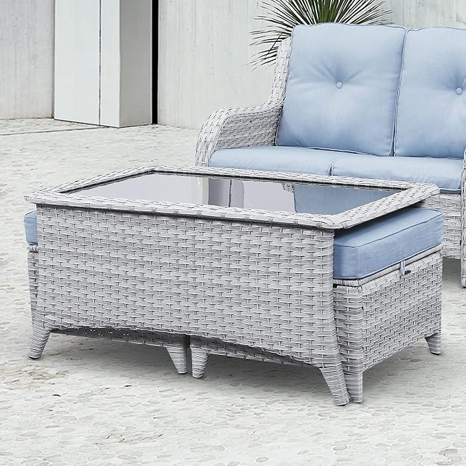 Belord Modern Light Grey Wicker Patio Coffee Table, Rectangular Glass Top, 1 PC - Coffee Table (A077)