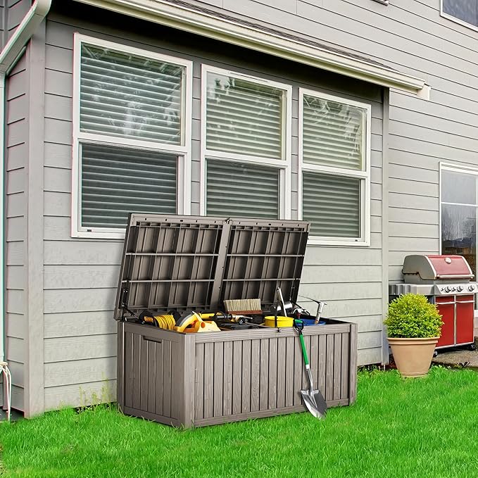 Outdoor Storage Box 180GAL Waterproof Resin Deck Box,UV-Resistant Lockable Package Delivery Bin for Garden Tools,Large Patio Outside Cushions,Pool Accessories Supplies,Chest,Light Coffee