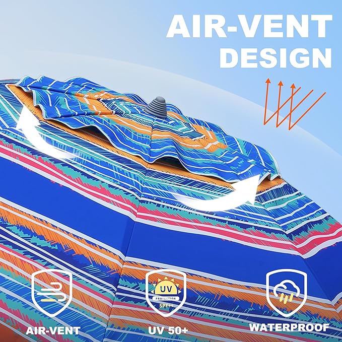 AMMSUN 7ft Beach Umbrella with Sand Anchor Portable Outdoor Patio Sun Shelter UPF50+ Protection & Tilt Aluminum Pole Air Vent with Carry Bag for Beach Patio Garden Outdoor Multicolor Blue