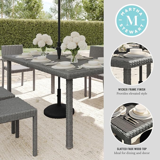 Martha Stewart Bedford 71" Indoor-Outdoor Patio Table with Faux Wood Top and Rattan Wicker Finish in Gray