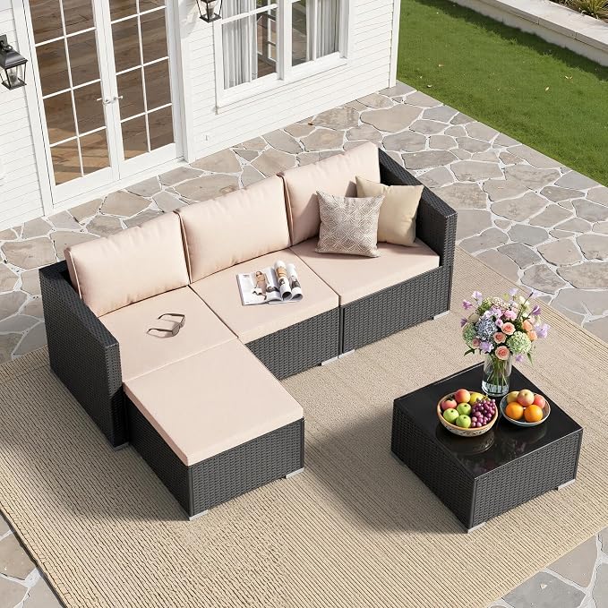 Patio Furniture Set - All-Weather -5 Piece Outdoor Patio Conversation Couch Sets, Modular Wicker Rattan Sectional Sofa for Garden, Patio, Poolside, Backyard, Balcony, Porch,Khaki