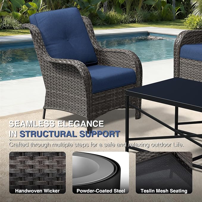 Joyside 6 Piece Wicker Patio Furniture Set, Rattan Patio Chairs with High Back, Deep Seating, Wide Armrest, Thickened Cushions, Outdoor Furniture for Deck, Porch Use