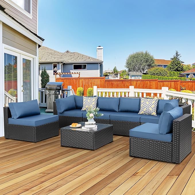 7-Piece Outdoor Patio Furniture Set, Modular PE Rattan Sectional Sofa with Thick Cushions & Glass Coffee Table, Weather-Resistant Wicker Conversation Set for Poolside, Balcony, Garden, Aegean Blue