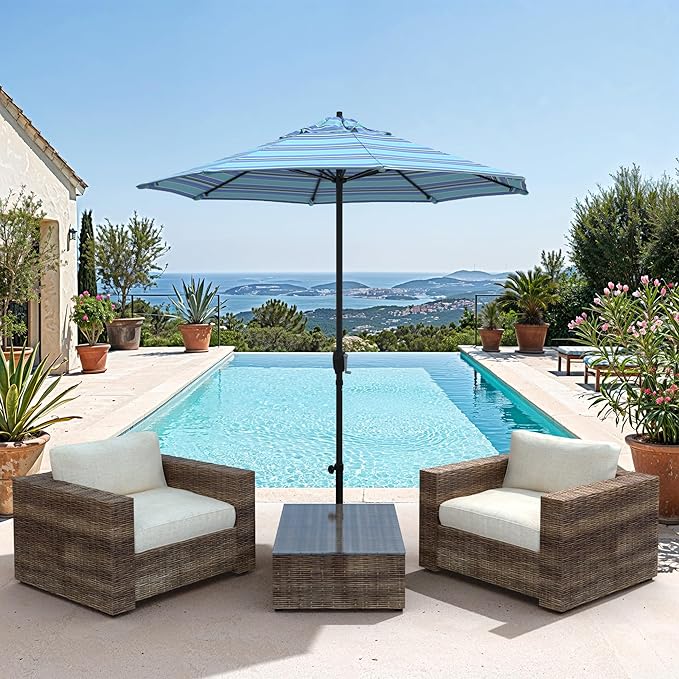 California Umbrella 12-Year Protection 7.5-Ft Outdoor Patio Umbrella, Sunbrella Fade-Resistant Fabric, Auto-Tilt, Heavy Duty Aluminum Frame, 8 Reinforced Ribs for Pool or Deck, Black Pole, Dolce Oasis