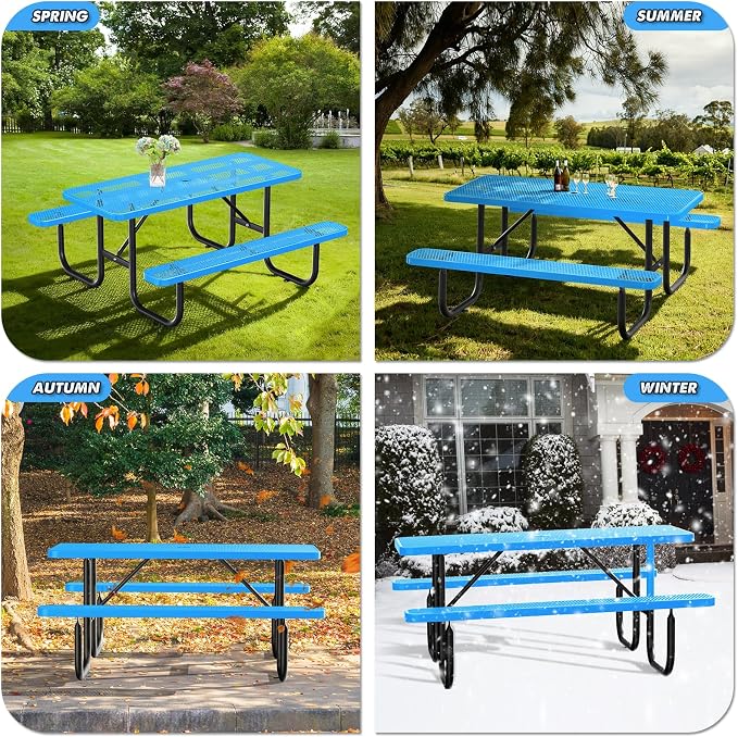 Heavy Duty Picnic Table with Umbrella Hole, Expanded Meta Outdoor Metal Patio Dining Table & Outdoor Bench Set, Steel Mesh Dining Furniture for Garden, Lawn, Patio (6FT Rectangular Table/ Blue)