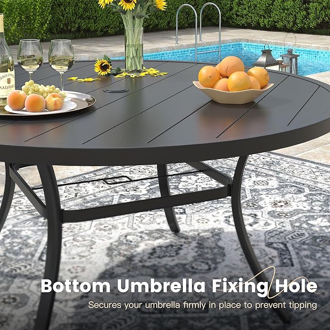 VICLLAX 7 Pieces Patio Outdoor Dining Set, 50" Round Metal Table with Umbrella Hole and 6 Stackable Textilene Chairs for Lawn, Garden, Porch, Black/Grey