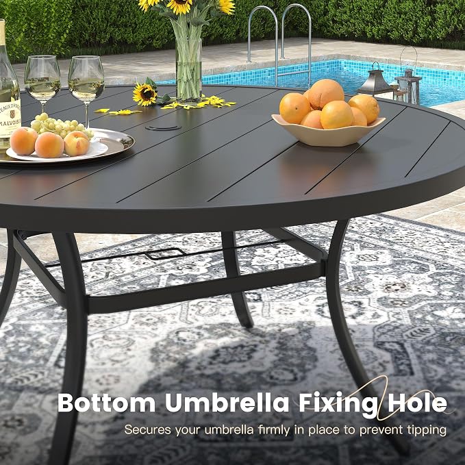 VICLLAX 63" Outdoor Patio Dining Table for 8-10, Metal Round Table with Umbrella Hole for Deck Lawn Garden Backyard, Black