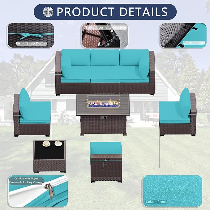 Outdoor Patio Furniture Set with Gas Fire Pit Table, 8 Pieces Outdoor Furniture Set Patio Sectional Sofa w/43in Propane Fire Pit, PE Wicker Rattan Patio Conversation Sets - Teal.