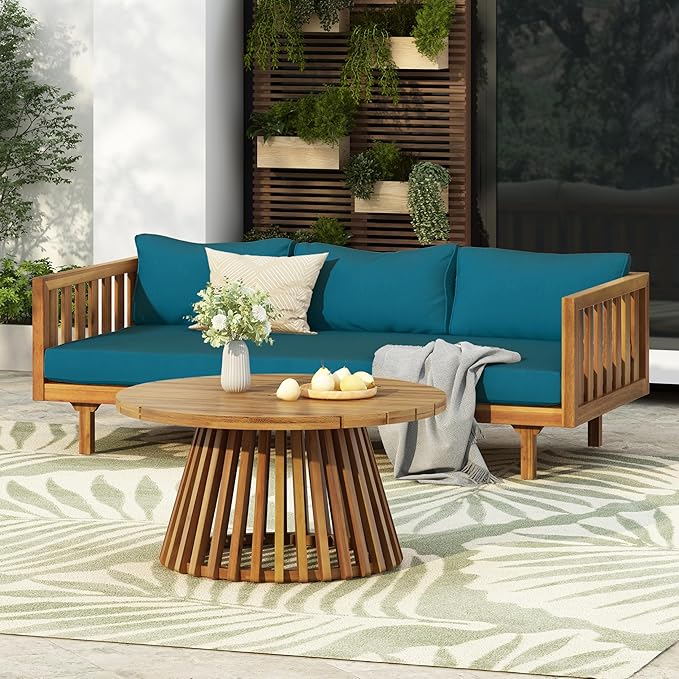 Christopher Knight Home Charm Patio Conversation Set, 3 Seater Acacia Wood Sofa, Spacious Seating Daybed, Wood Coffee Table, Round Side Table, Outdoor Furniture for Backyard Garden Rest, Dark Teal