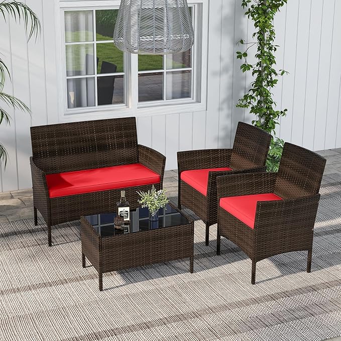 RELAX4LIFE 4-Piece Patio Furniture Set - Rattan Outdoor Conversation Bistro Set w/Cushions, Glass Coffee Table, Wicker Chairs & Loveseat for Garden Backyard Porch, Balcony Furniture Set (1, Red)