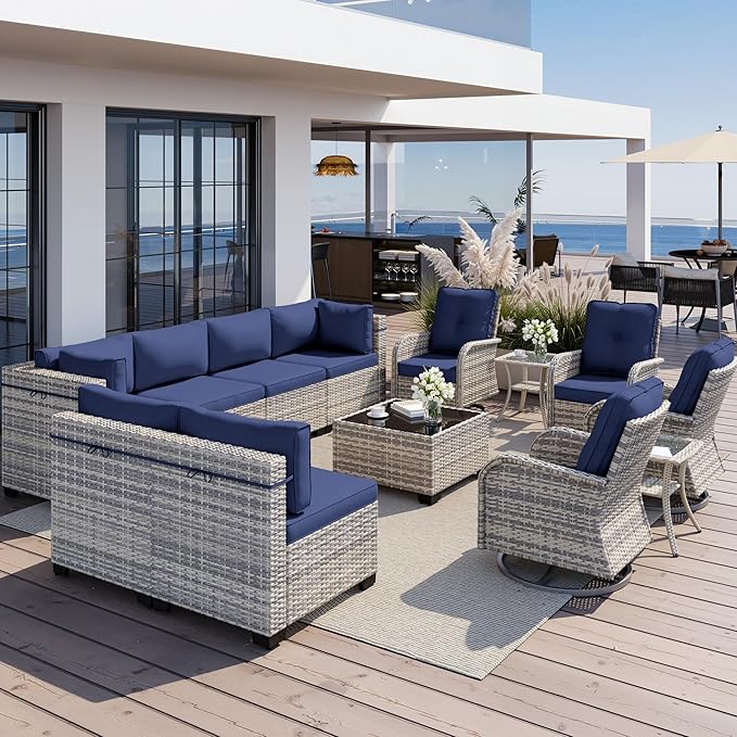 13-Piece Outdoor Patio Furniture Set with Rocking Swivel Chair, Wicker Rattan Sectional Sofa Conversation Set with Tempered Glass Table, Backyard Furniture, Navy Blue