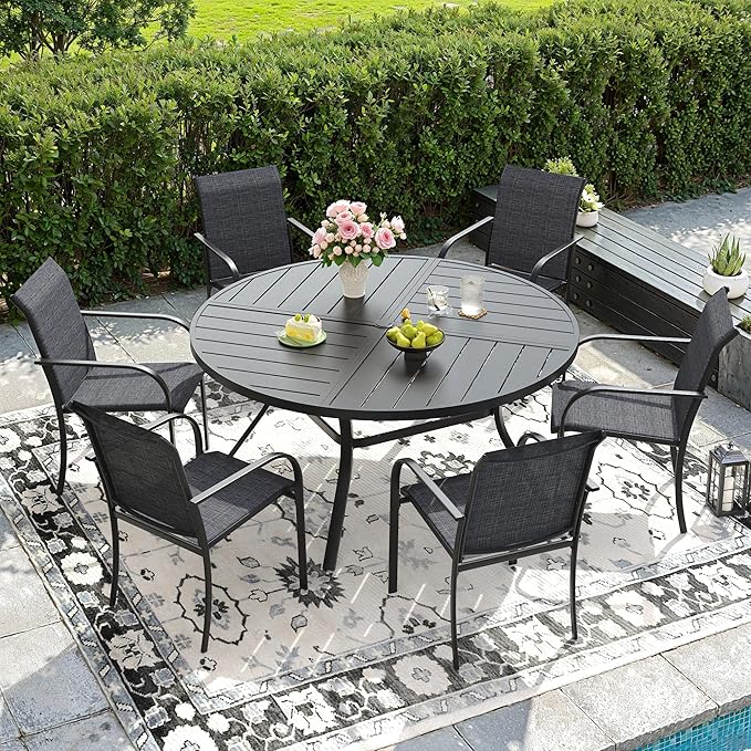 DIFY 7 Pieces Outdoor Patio Dining Set for 6, 50" Black Round Metal Dining Table and 6 Grey Stackable Textilene Patio Chairs, Outdoor Table and Chairs for Backyard Garden Poolside