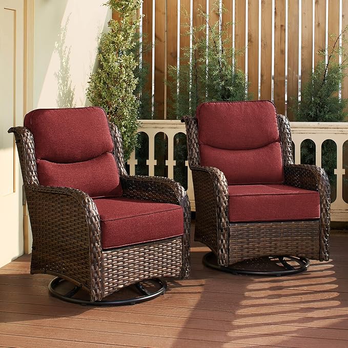 HILLGA Luxury Patio Furniture Set with 6-inch Thick Cushion, Outdoor High Back Swivel Rocker Patio Chairs, 2PCS Wicker Conversation Set for Deck Yard and Poolside, Burgundy (V2)