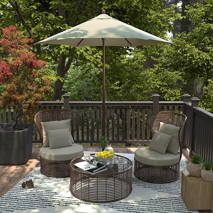 Sunline 7.5 ft Faux- Wood Patio Umbrella, Push Open Pin Stop Outdoor Market Umbrella with UV Protection & Wind Vent, Metal Frame for Deck, Pool & Table, Antique Beige