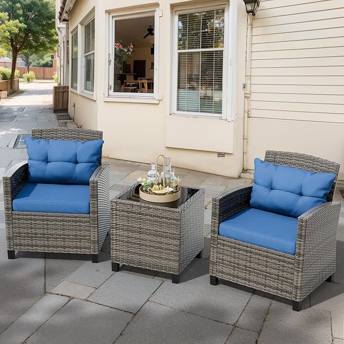 JAMFLY 3 Piece Wicker Patio Furniture Set - Space Saving Outdoor Rattan Conversation Set with Soft Cushions & Glass Coffee Table for Balcony, Porch, Small Backyard - All Weather Blue Bistro Set