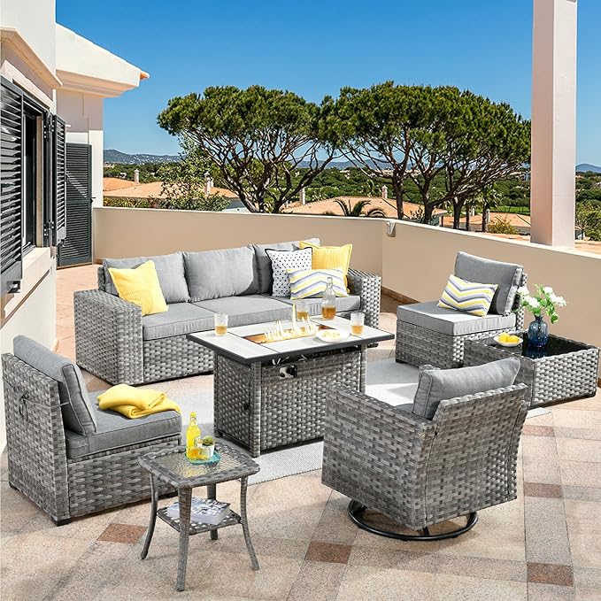 HOOOWOOO Outdoor Patio Sectional Furniture Sofa Set with Large Fire Pit Table,9 Piece Modern Wicker Couch with Swivel Chair,Modular Conversation Seating Set with Widened Armrest(Dark Grey)
