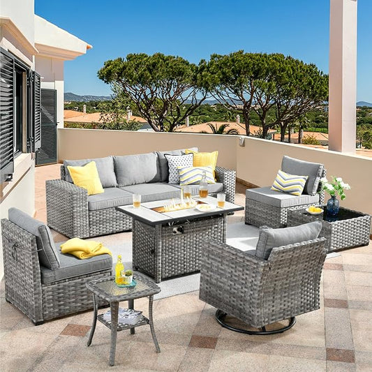 HOOOWOOO Outdoor Patio Sectional Furniture Sofa Set with Large Fire Pit Table,9 Piece Modern Wicker Couch with Swivel Chair,Modular Conversation Seating Set with Widened Armrest(Dark Grey)