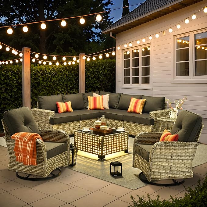 9 Pcs Outdoor Sectional Patio Furniture Set with Swivel Rocking Chair - All Weather Wicker Modular L Shaped Outside Sectional Couch,Patio Seating Outdoor Conversation Sets for Deck Yard,Black