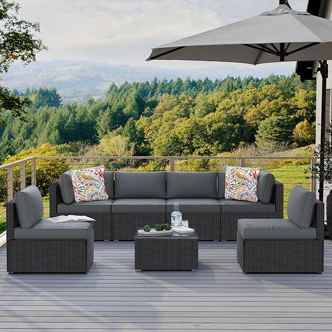 7-Piece Outdoor Patio Furniture Set, Outdoor Couch - Handwoven All-Weather Rattan & 4” Thick Waterproof Cushions, Wicker Outdoor Conversation Sets with Coffee Table for Backyard, Garden, Black/Grey