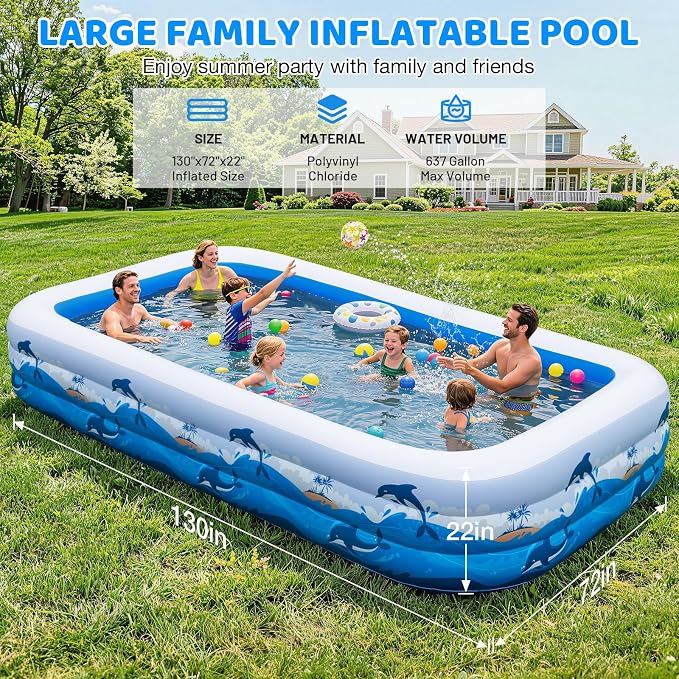 Extra Large Family Inflatable Pool, 130" x 72" x 22" Blow Up Pool for Kids & Adults, Thick PVC Kiddie Swimming Pool for Backyard Summer Fun