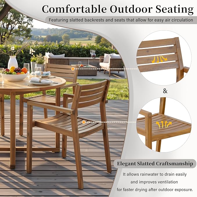 5 Pieces Outdoor Acacia Wood Dining Table Set with 47.2" L Slatted Round Table and 4 Chairs, Modern Patio Dinner Set with Cushions for Backyard, Lawn, Garden, Poolside or Indoor, Natural