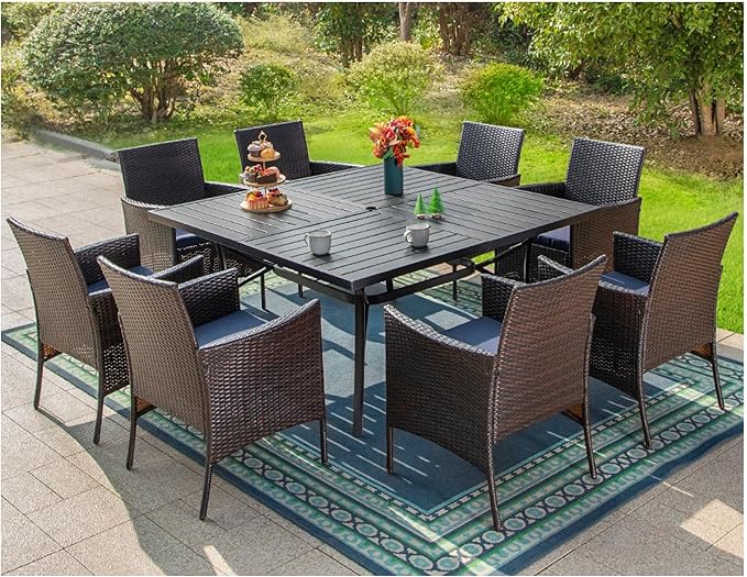 MFSTUDIO 9 Pieces Outdoor Dining Set, Patio Table and Chairs for 8, Outdoor 60" Square Table with Chairs, Patio Dinng Furniture Set Wicker, Backyard, Deck