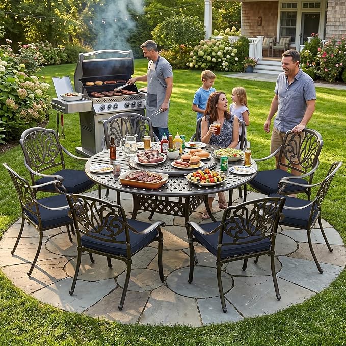 MEETWARM 9-Piece Outdoor Patio Table and Chairs Set, All Weather Cast Aluminum Patio Dining Set- 8 Cushioned Chairs, 61" Round Patio Dining Table with Detachable Lazy Susan, Umbrella Hole, Navy Blue