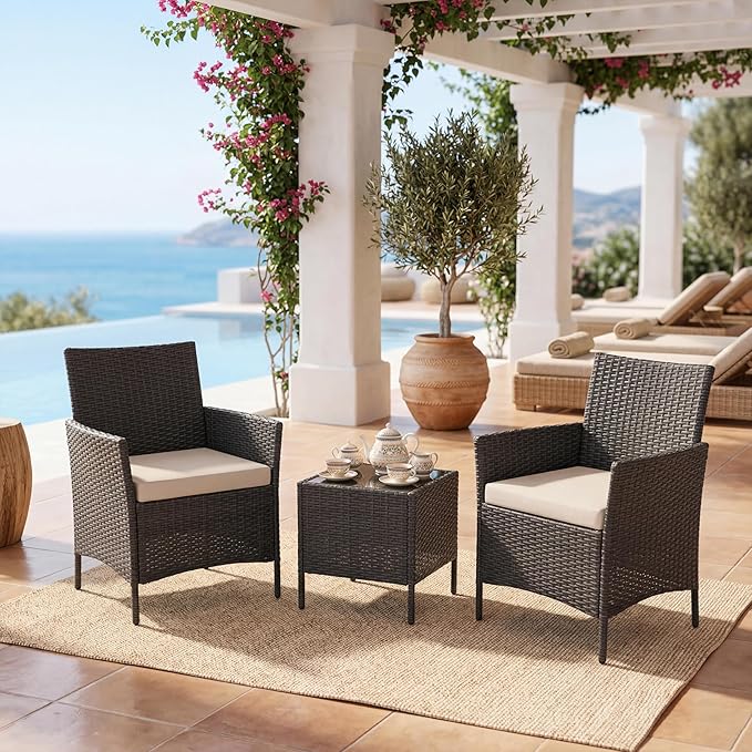 3 Piece Patio Furniture Set, Outdoor Deck Rattan Chair Wicker Combo Furniture, All Weather Dialogue Rattan Sofa With Upholstery and Glass Table for Garden, Backyard, Porch, Lawn, Pool, Black