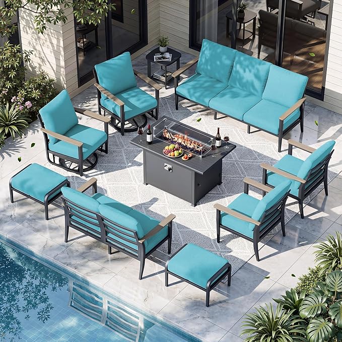 11-Seat Outdoor Patio Furniture Set with Rocking Swivel Chair, Aluminum Sectional Sofa with Ottomans Patio Conversation Set with 55,000 BTU Fire Pit Table & High Backrest, Turquoise