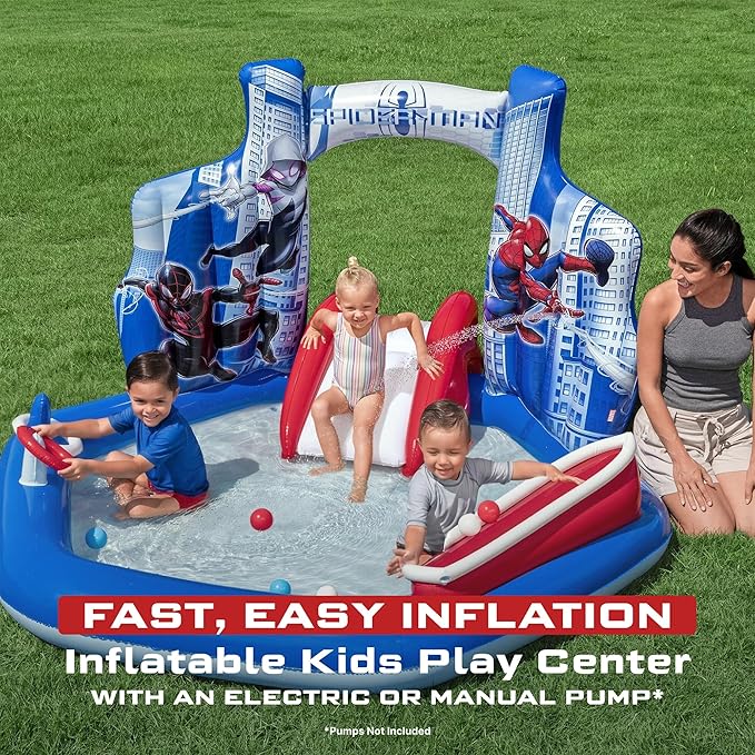Marvel Spider-Man Inflatable Water Play Center, 6'11" x 6'9" x 50" Kids Outdoor Activity Center with Water Archway & Slide, Game, & Splash Pool