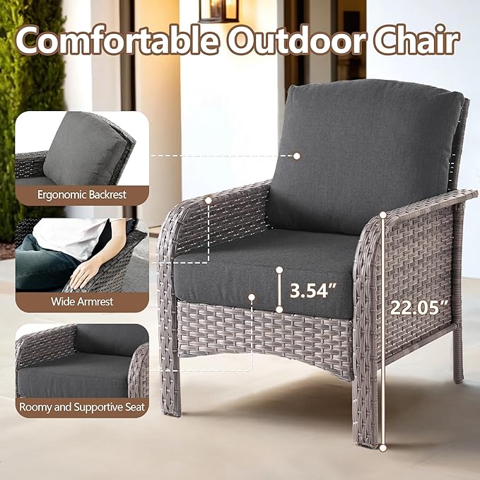 2 PCS Outdoor Patio Furniture Set with Thickened Cushions, All-Weather Rattan Wicker Outdoor Conversation Set for Porch,Backyard,Balcony,Black